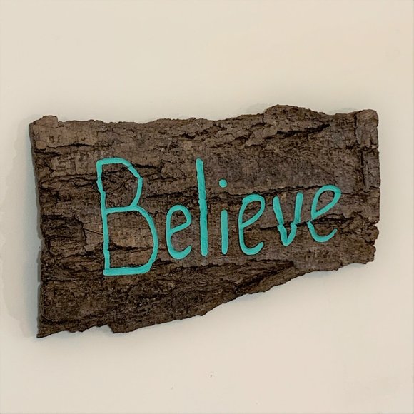 Believe Sign, Tree Bark Carving, Turquoise Home Decor, Wall Sign, Sustainable - Picture 8 of 9